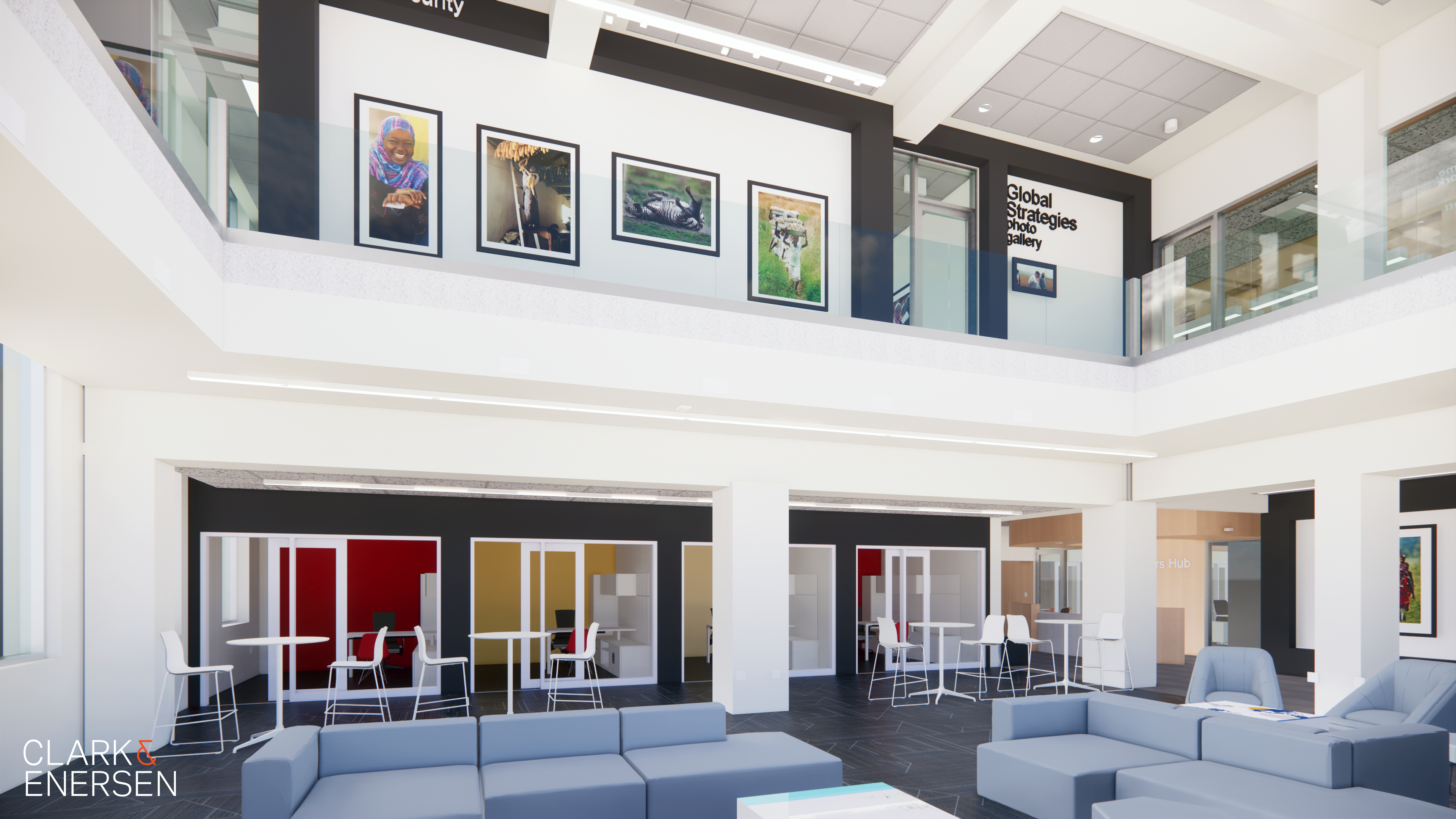 rendering of the global education space shows the photo gallery and interactive meeting spaces