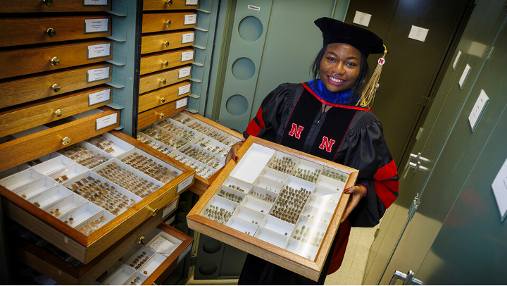 Blessing Ademokoya, a doctoral candidate in entomology, poses with the state museum’s collection of stink bugs.