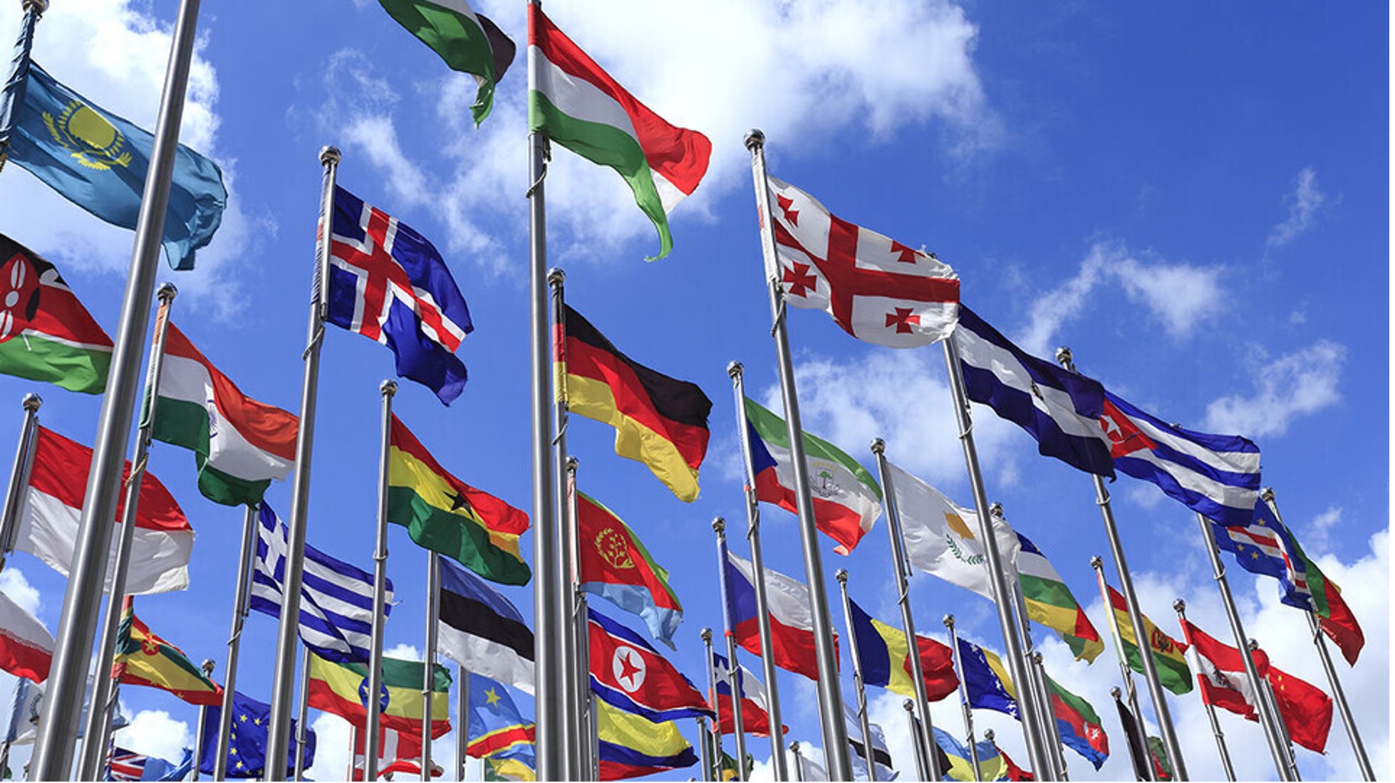Flags from around the world hang outside.