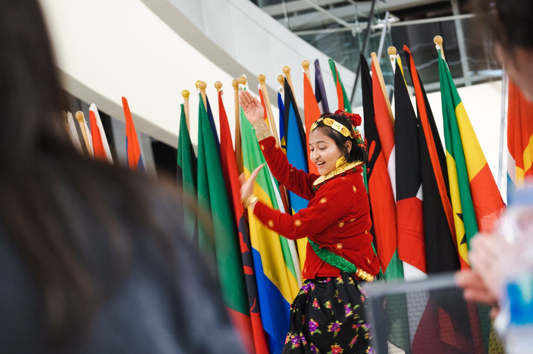 Sandhya Karki, a junior from Nepal, performs a traditional dance from her country